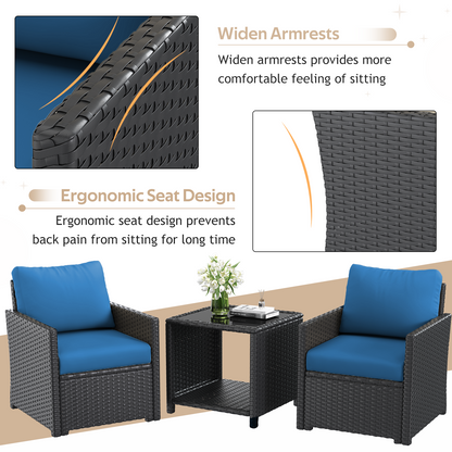 YODOLLA Patio Furniture Set with Two Table 7 PCS Outdoor Furniture, Black Ranttan Blue Cushion