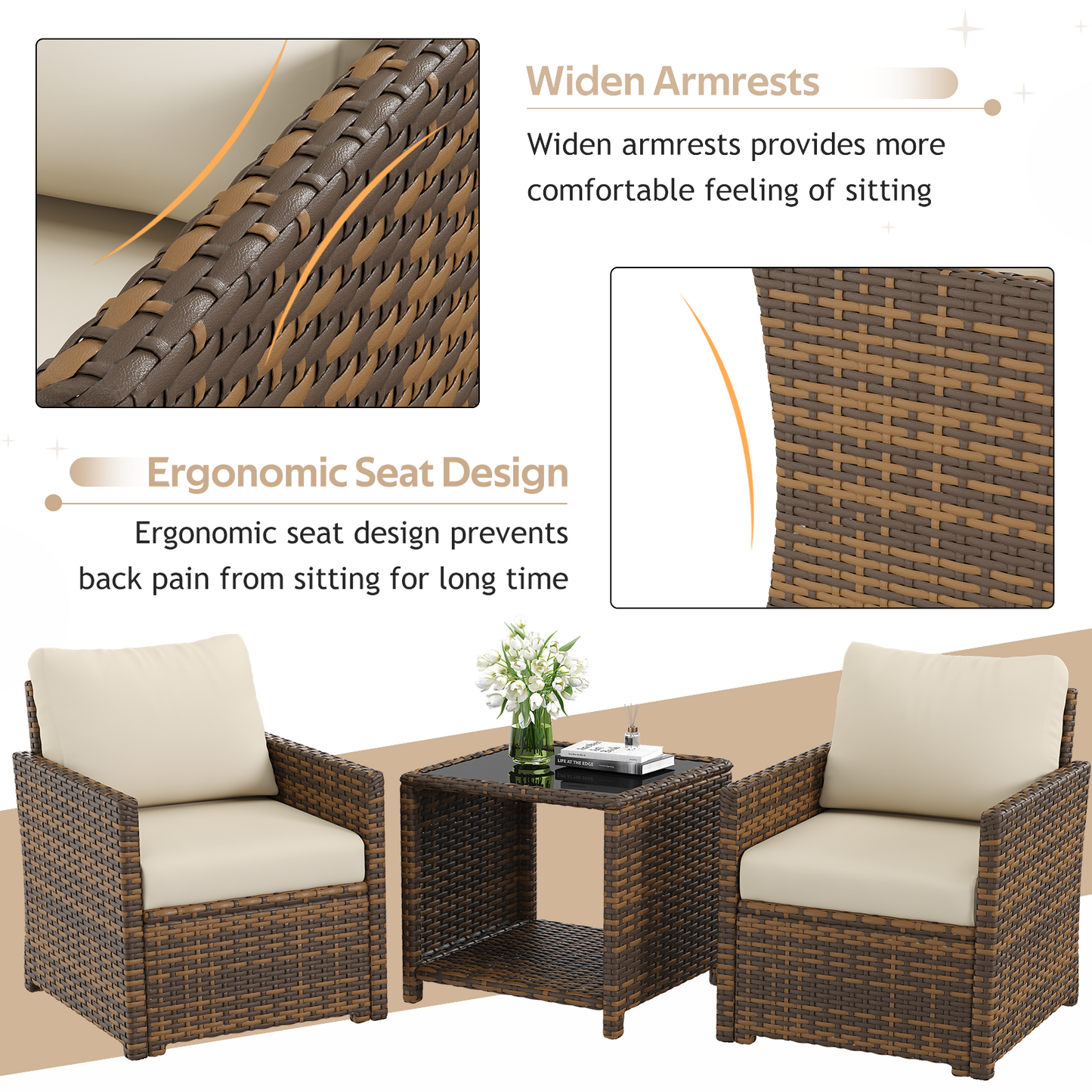 YODOLLA Patio Furniture Set with Two Table 7 PCS Outdoor Furniture, Brown Ranttan Beige Cushion