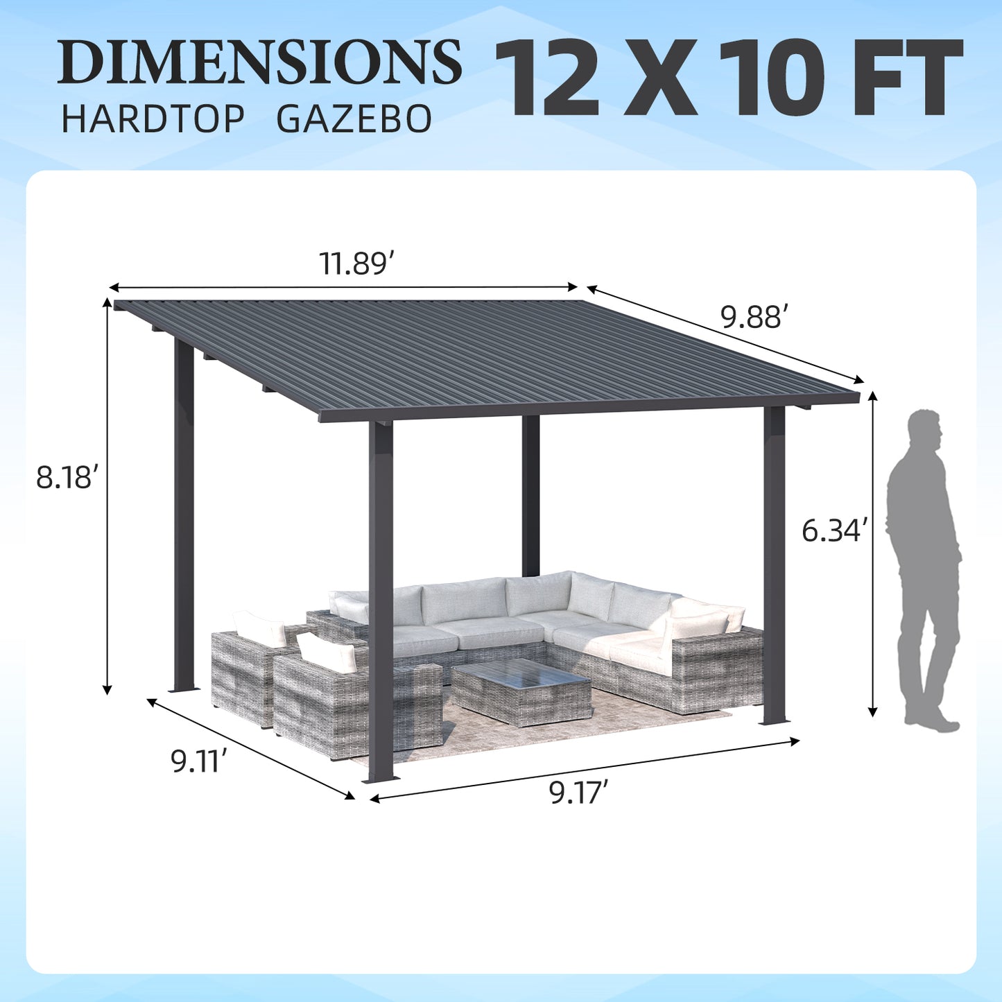 YODOLLA 12' x 10' Outdoor Hardtop Lean to Gazebo for Patio