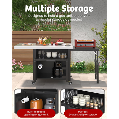 YODOLLA Outdoor Kitchen Island with Cabinet and 2 Side Table Movable Bar Cart
