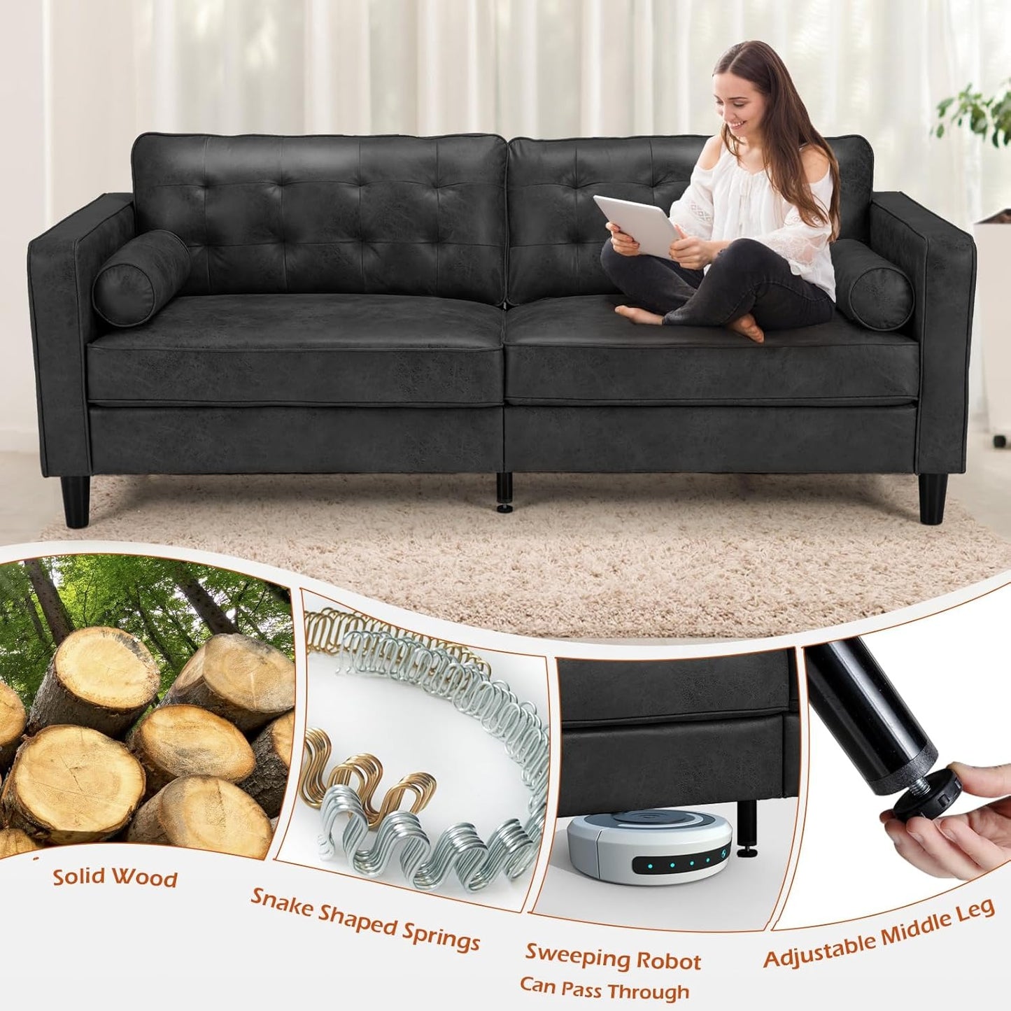 YODOLLA 84.2" 3-Seats Large Sofa Couch Couch, Faux Leather Black