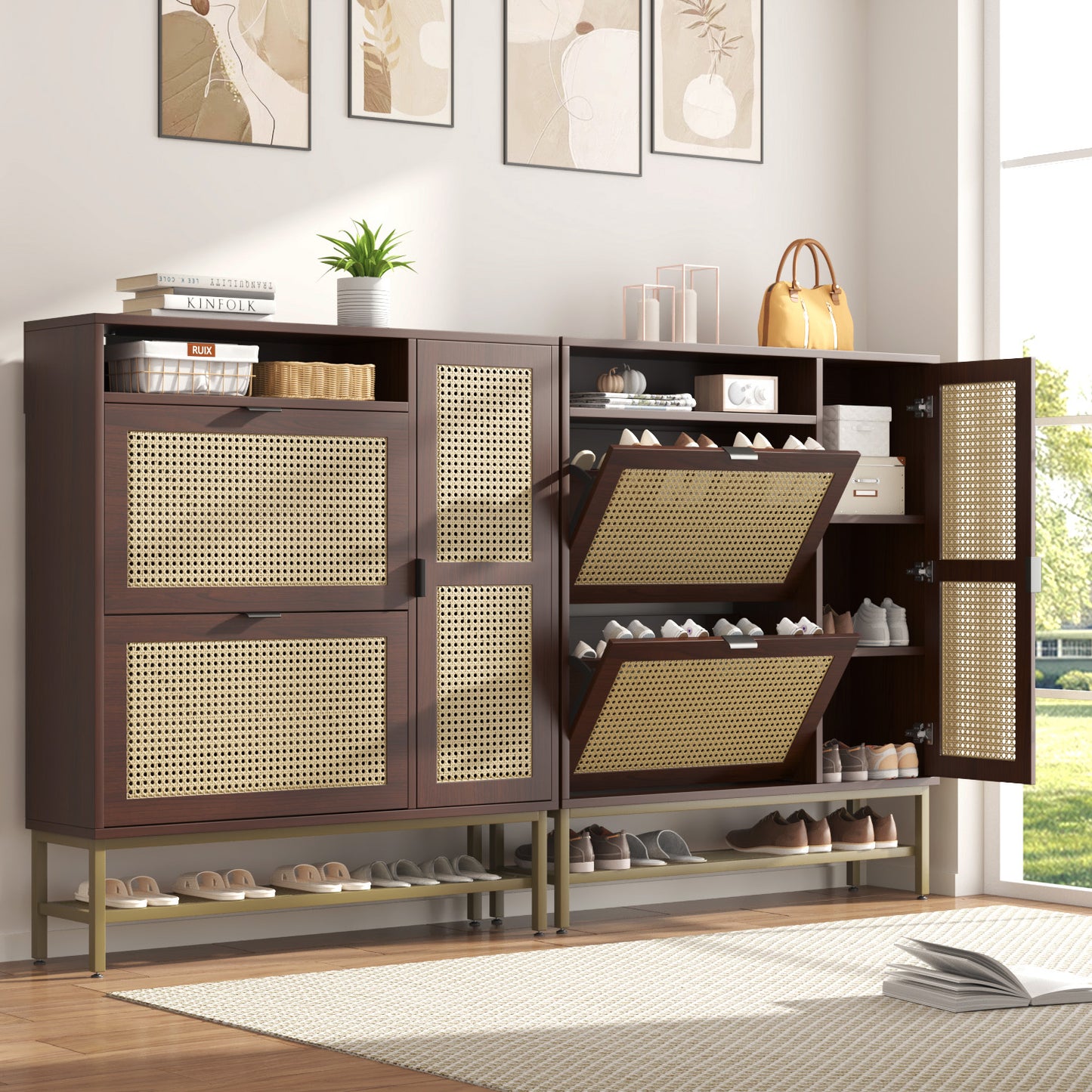 YODOLLA Rattan Shoe Cabinet with 3 Flip Drawers, Brown