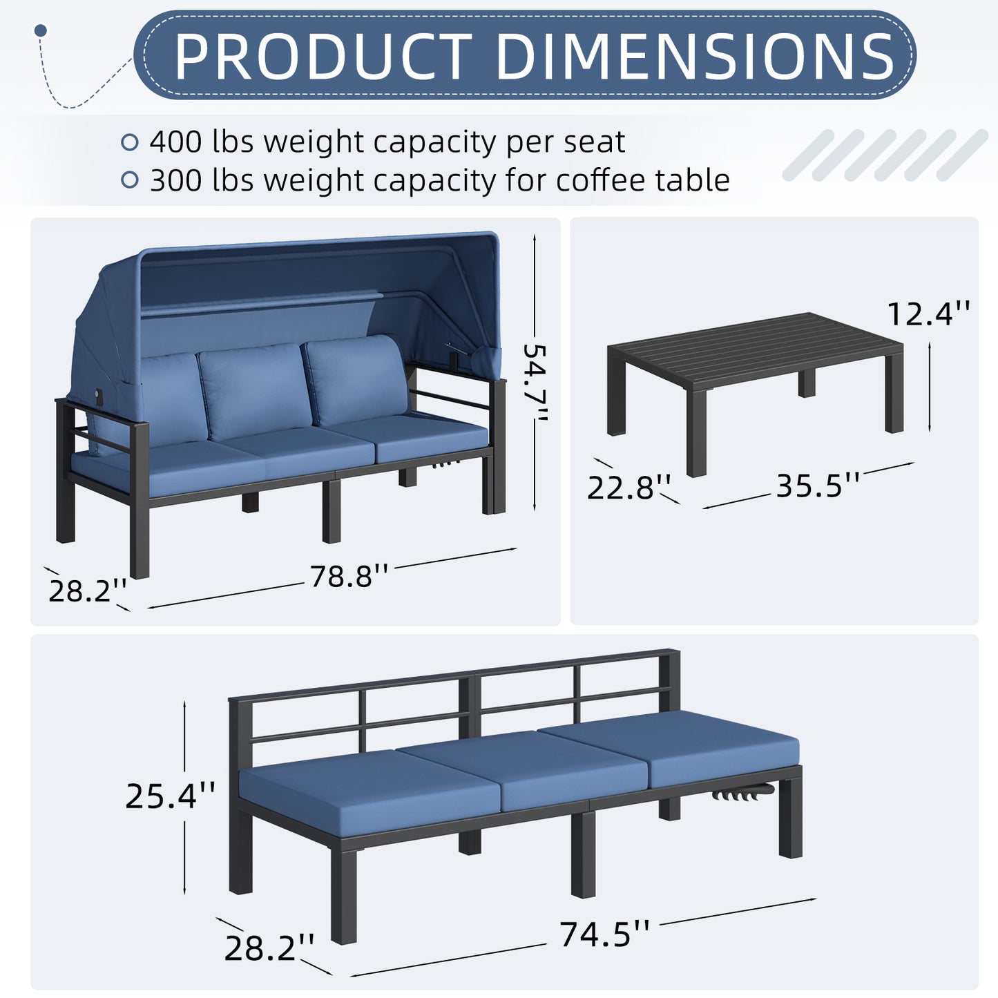 YODOLLA Patio Furniture Set with Retractable Canopy, Dark Blue