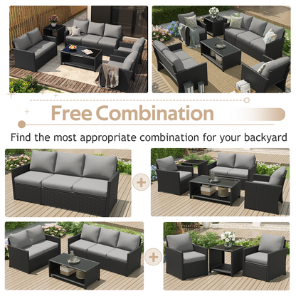 YODOLLA Patio Furniture Set with Two Table 7 PCS Outdoor Furniture, Black Ranttan Gray Cushion