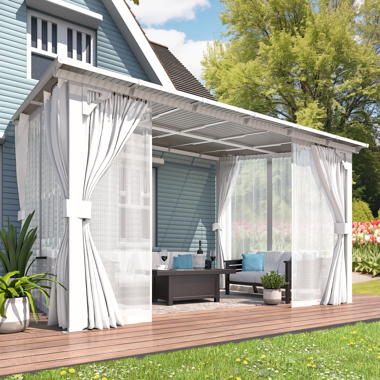 YODOLLA 12'x10' Outdoor Lean to Gazebo Pergola with Curtain and Netting for Patio, White
