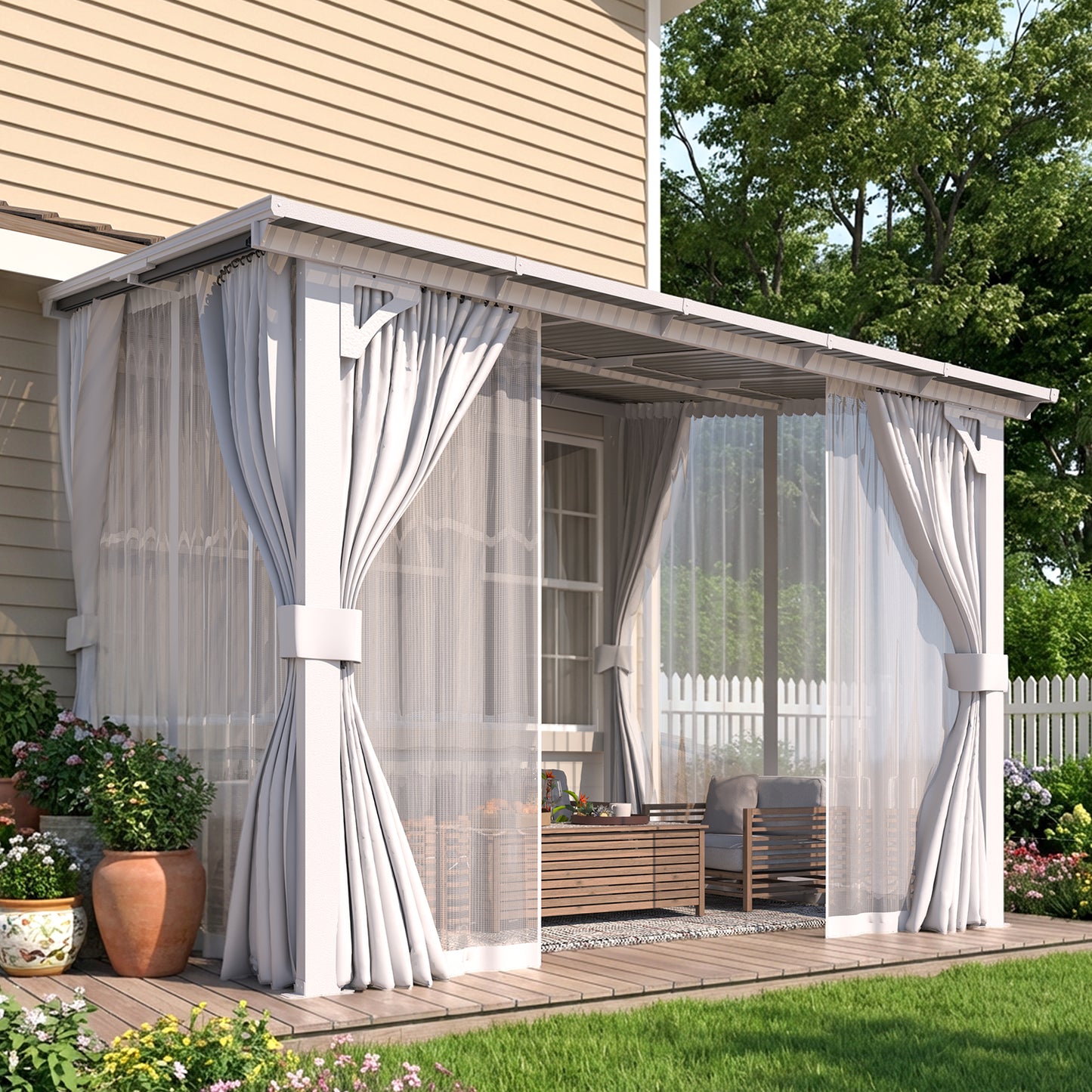 YODOLLA 10'x8' Outdoor Lean to Gazebo Pergola with Curtain and Netting for Patio, White