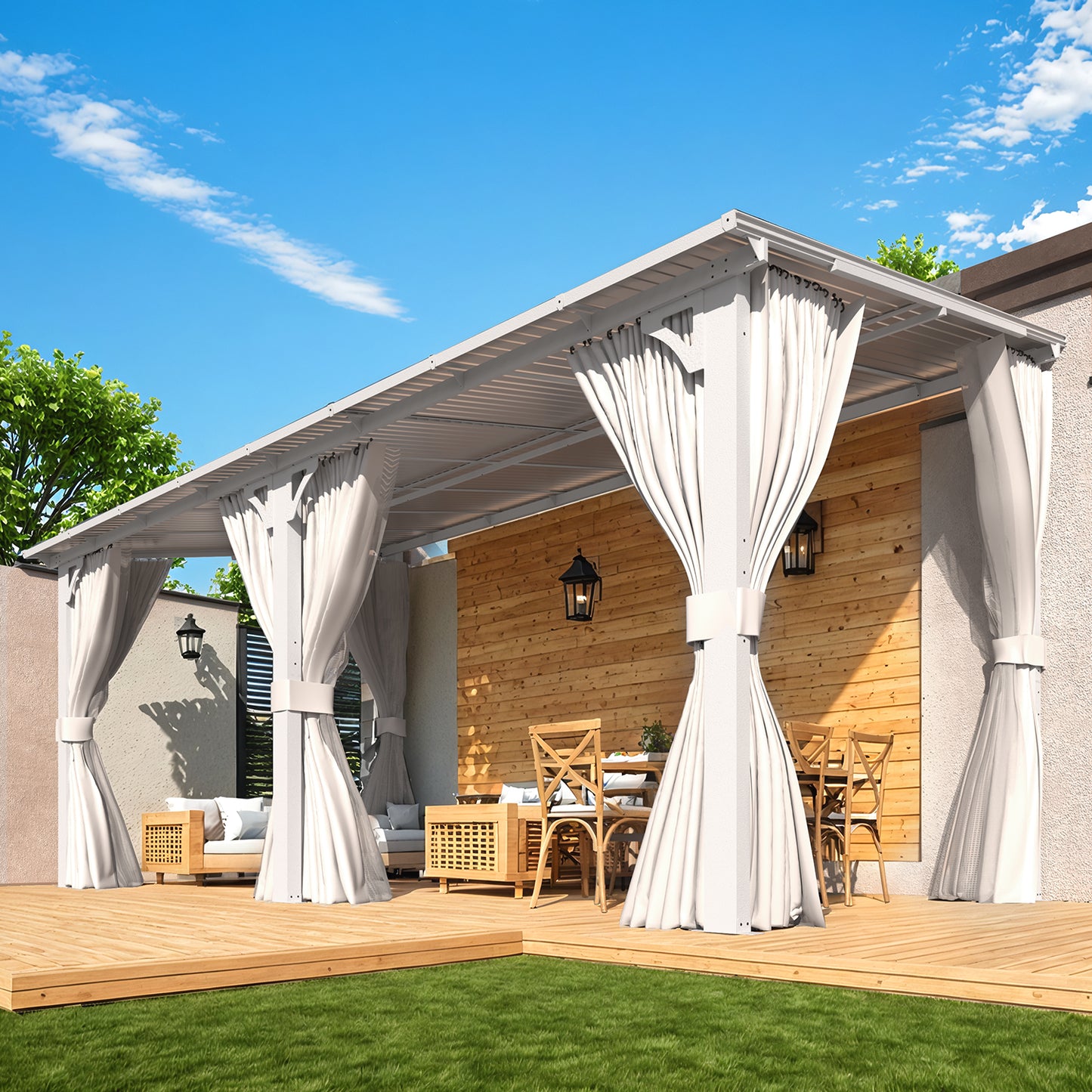 YODOLLA 16'x8' Outdoor Lean to Gazebo Pergola with Curtain and Netting for Patio, White