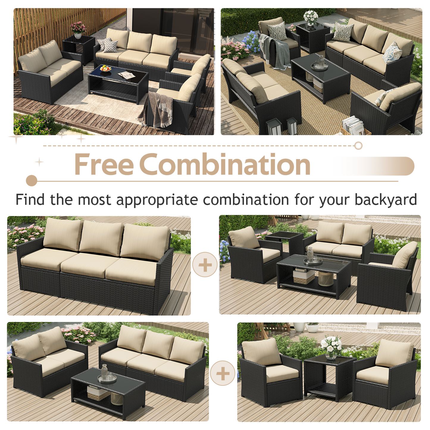 YODOLLA Patio Furniture Set with Two Table 7 PCS Outdoor Furniture, Black Ranttan Beige Cushion
