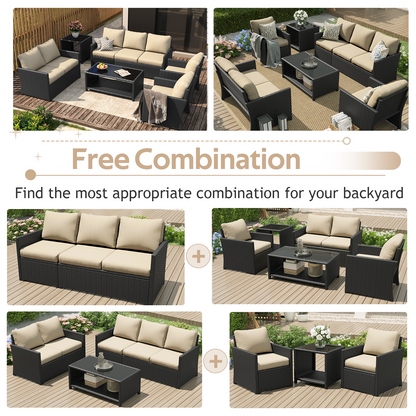 YODOLLA Patio Furniture Set with Two Table 7 PCS Outdoor Furniture, Black Ranttan Beige Cushion
