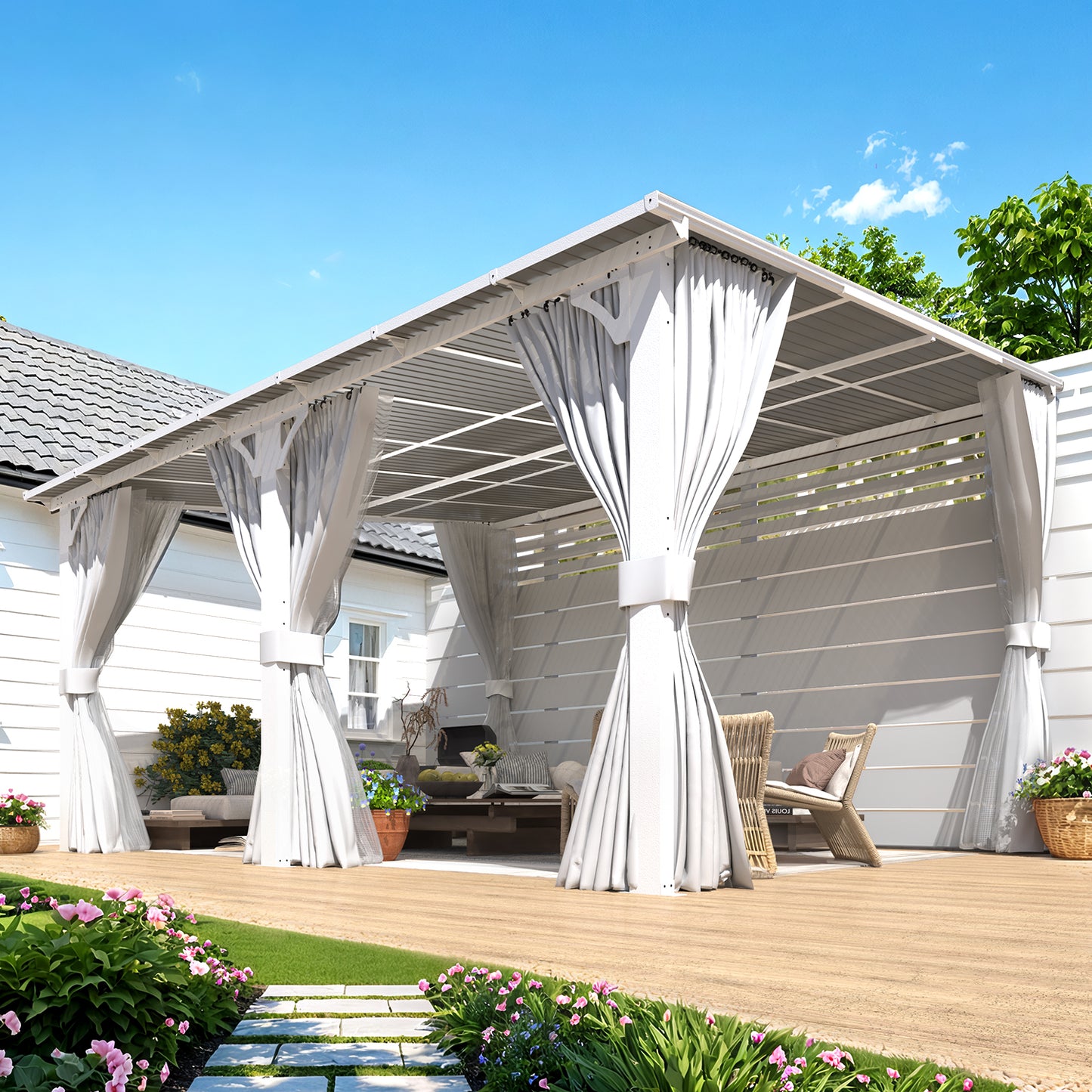 YODOLLA 14'x12' Outdoor Lean to Gazebo Pergola with Curtain and Netting for Patio, White