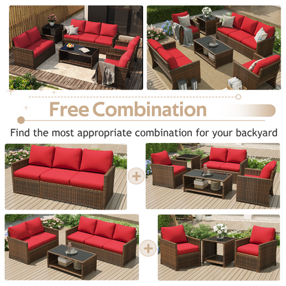 YODOLLA Patio Furniture Set with Two Table 7 PCS Outdoor Furniture, Brown Ranttan Red Cushion