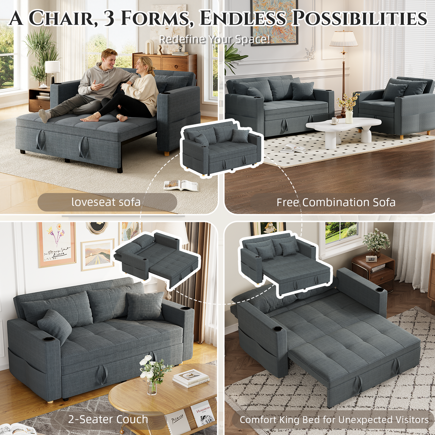 YODOLLA Sleeper Chair Bed, 63" Extra Wide Convertible Sofa Bed for Adults, Dark Grey