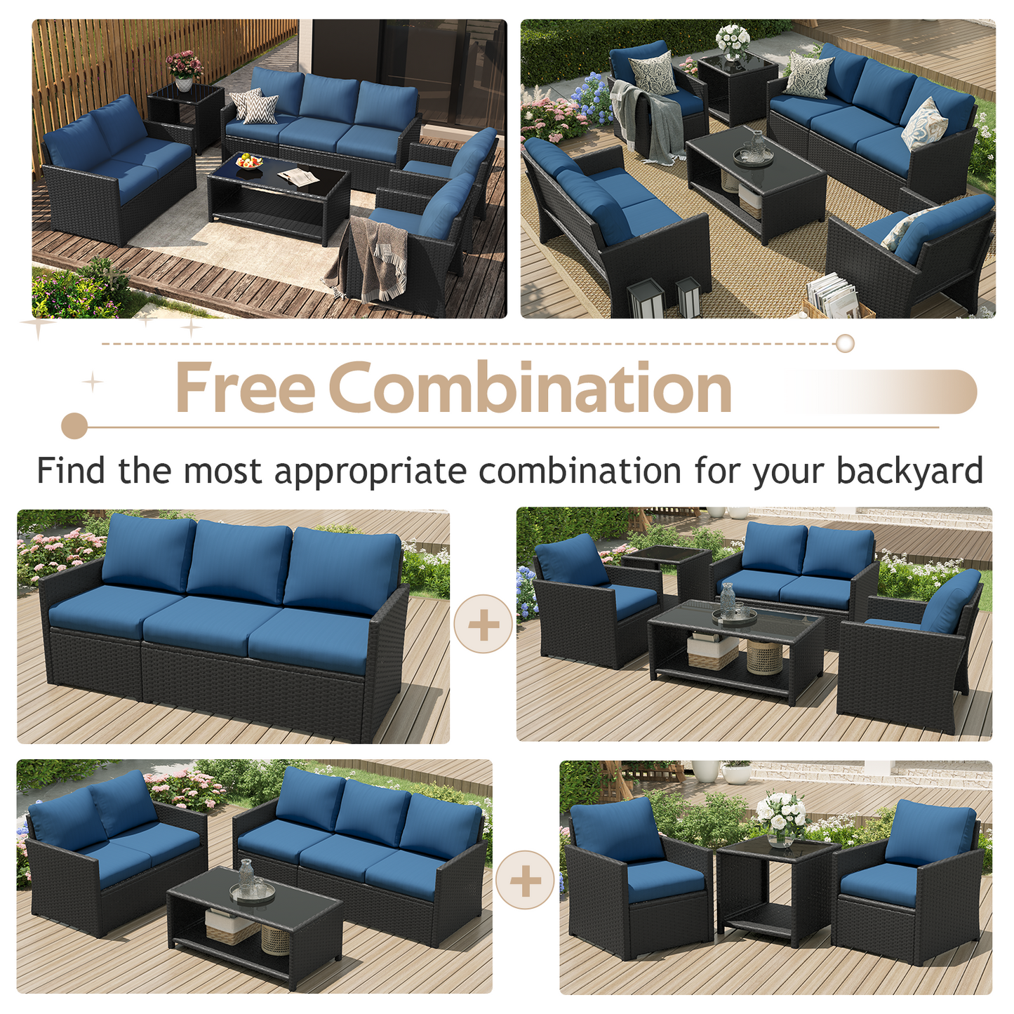 YODOLLA Patio Furniture Set with Two Table 7 PCS Outdoor Furniture, Black Ranttan Blue Cushion