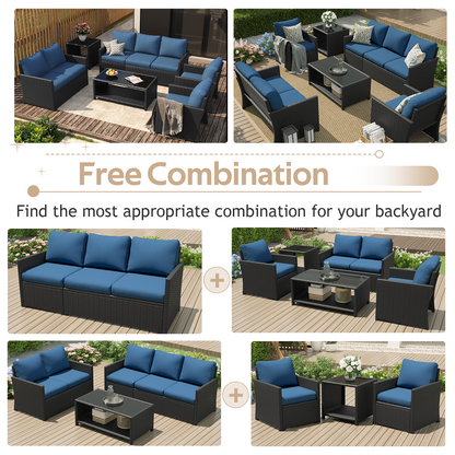 YODOLLA Patio Furniture Set with Two Table 7 PCS Outdoor Furniture, Black Ranttan Blue Cushion