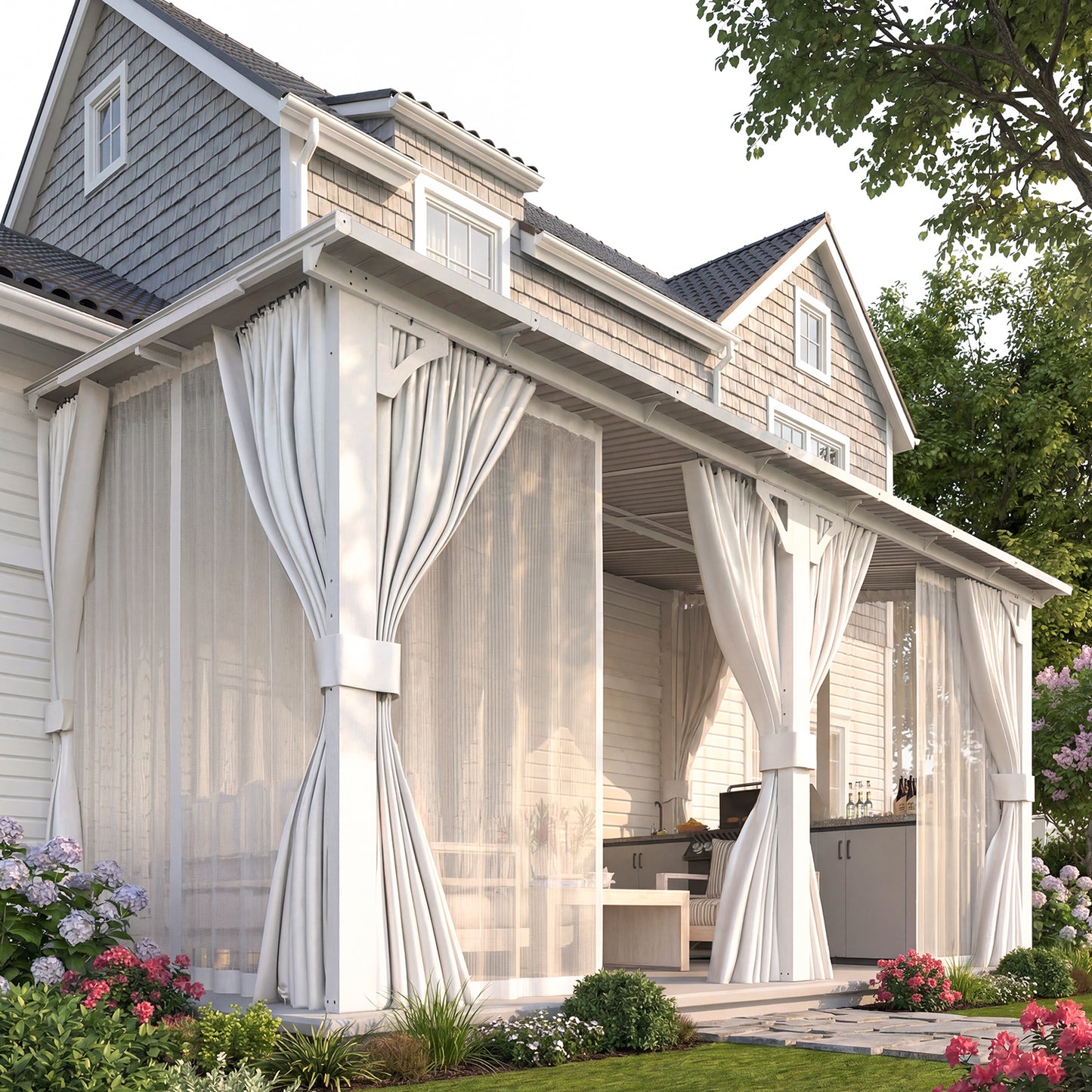 YODOLLA 14'x8' Outdoor Lean to Gazebo Pergola with Curtain and Netting for Patio, White