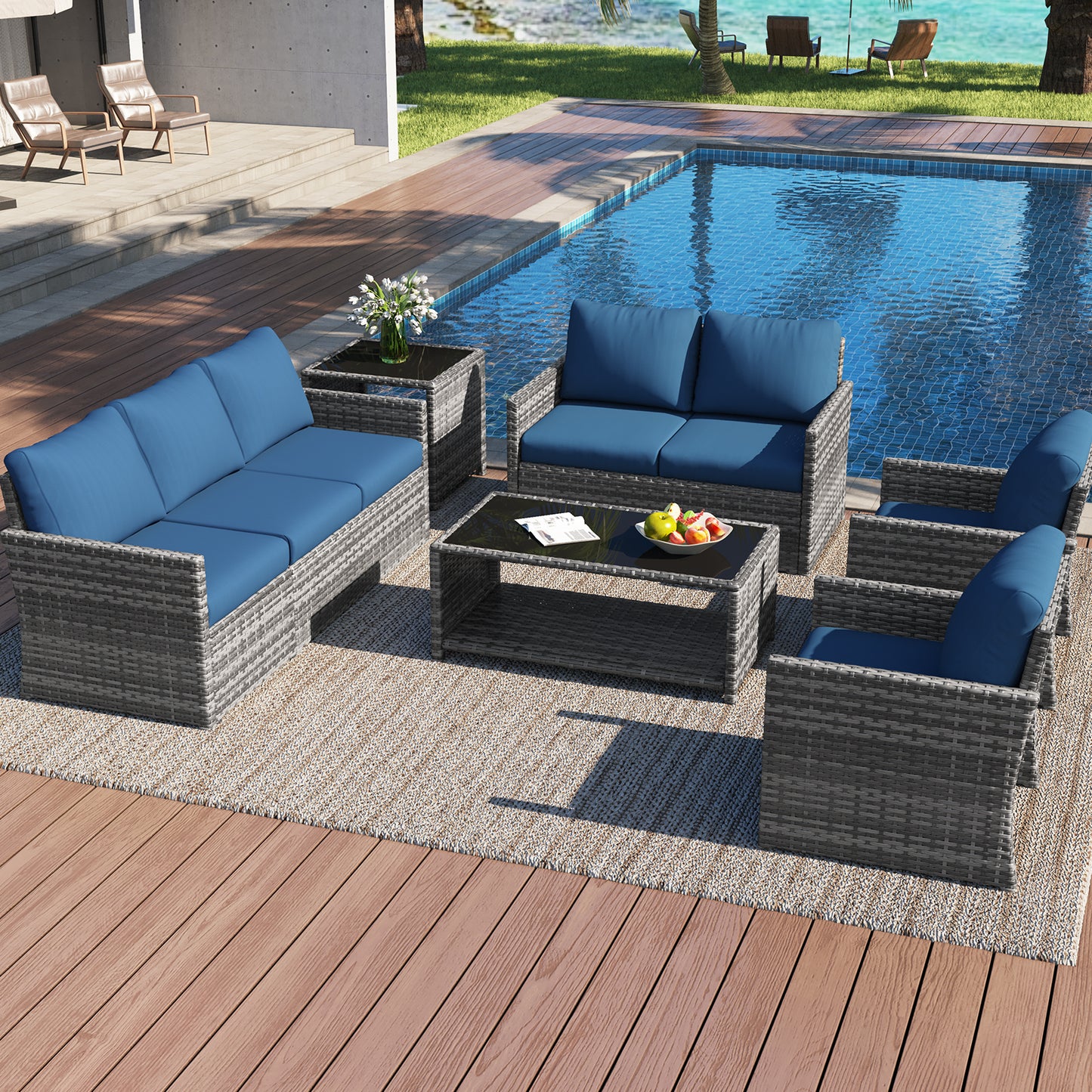 YODOLLA Patio Furniture Set with Two Table 7 PCS Outdoor Furniture, Gray Ranttan Blue Cushion