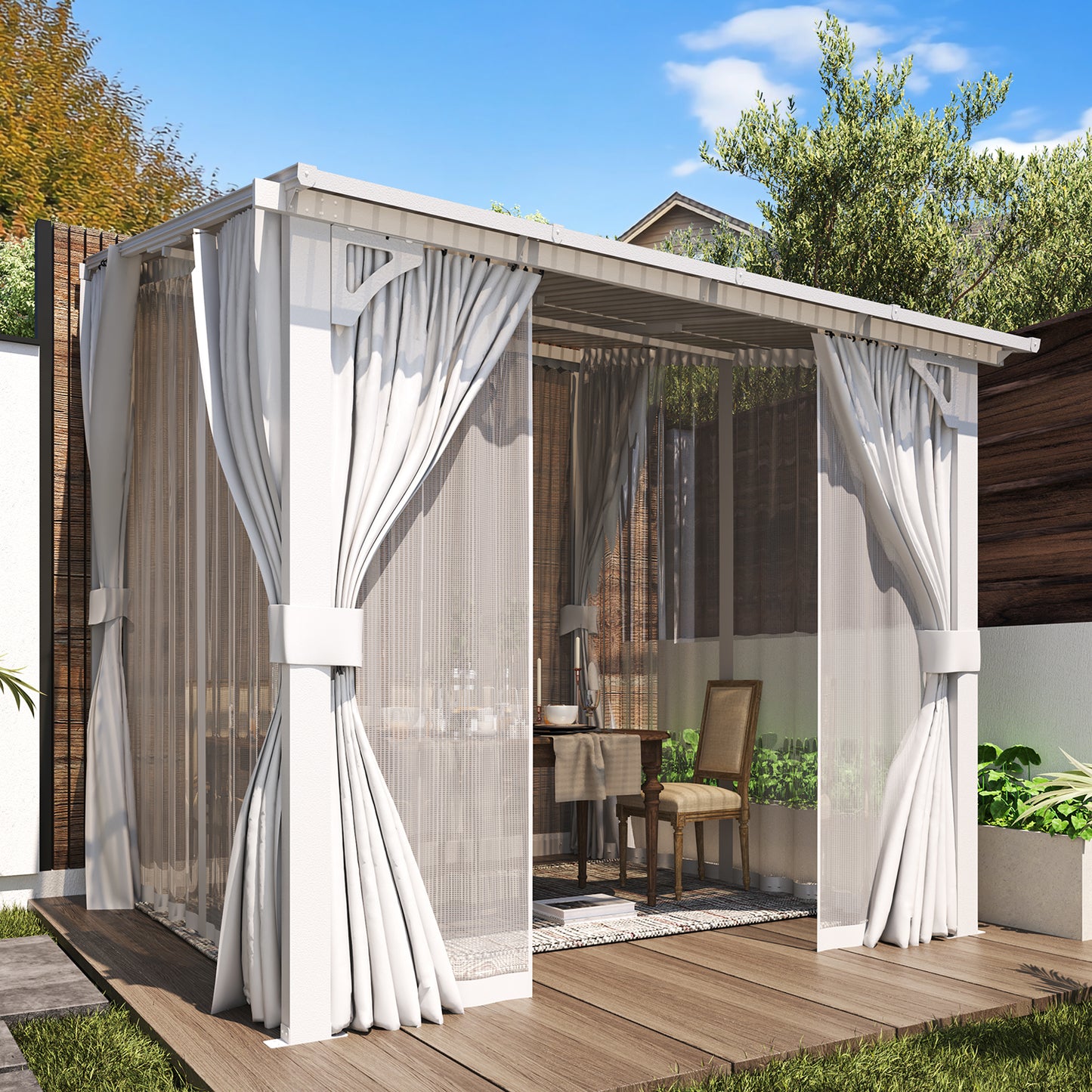 YODOLLA 8'x8' Outdoor Lean to Gazebo Pergola with Curtain and Netting for Patio, White