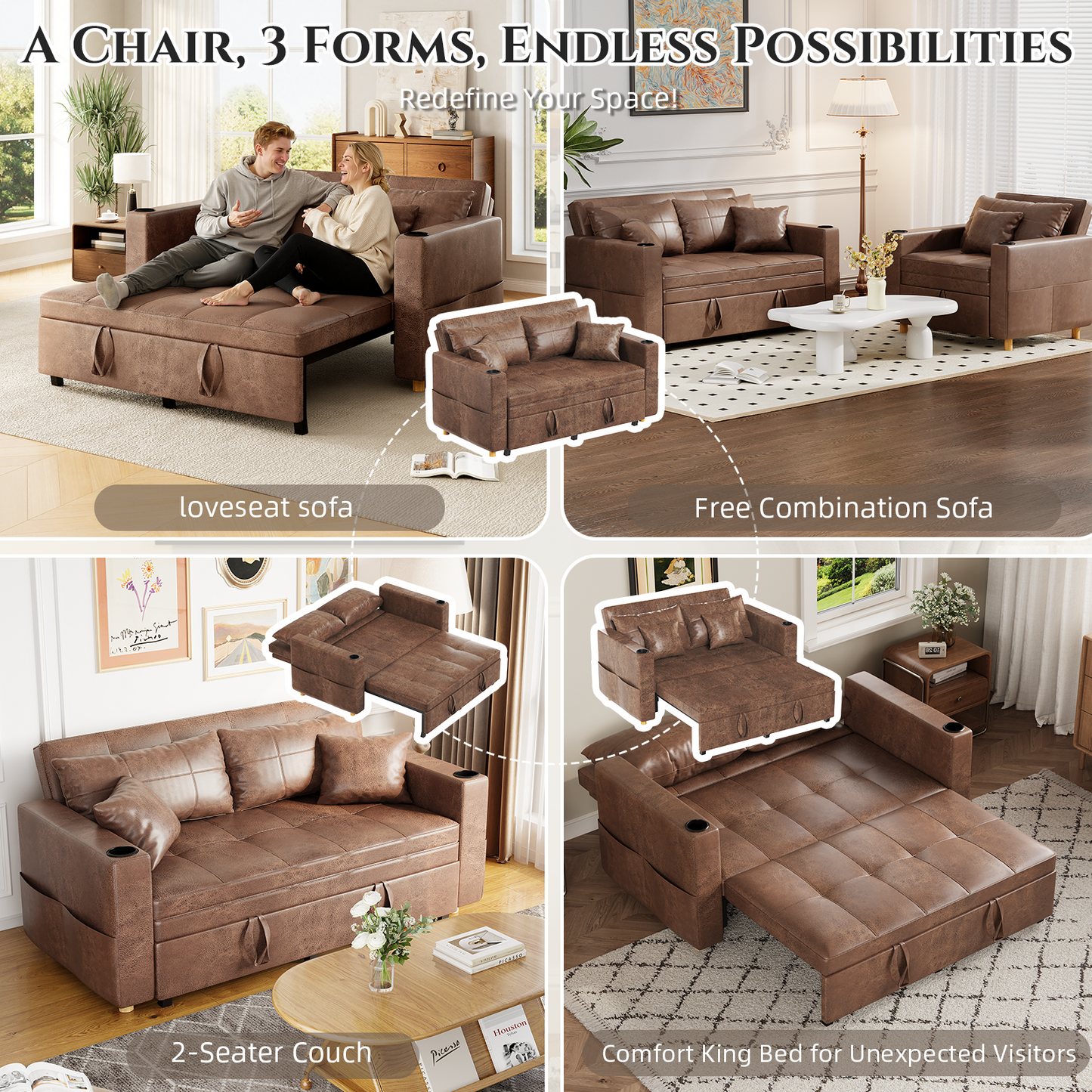 YODOLLA Sleeper Chair Bed, 63" Extra Wide Convertible Sofa Bed for Adults, Brown
