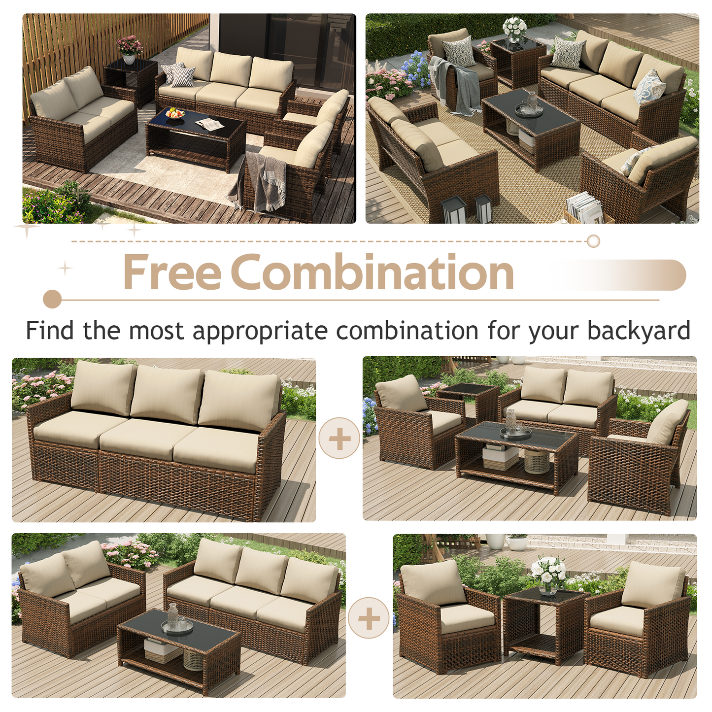 YODOLLA Patio Furniture Set with Two Table 7 PCS Outdoor Furniture, Brown Ranttan Beige Cushion
