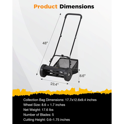 YODOLLA 18-Inch Manual Lawn Mower, 5 Blades Push Reel Lawn Mower
