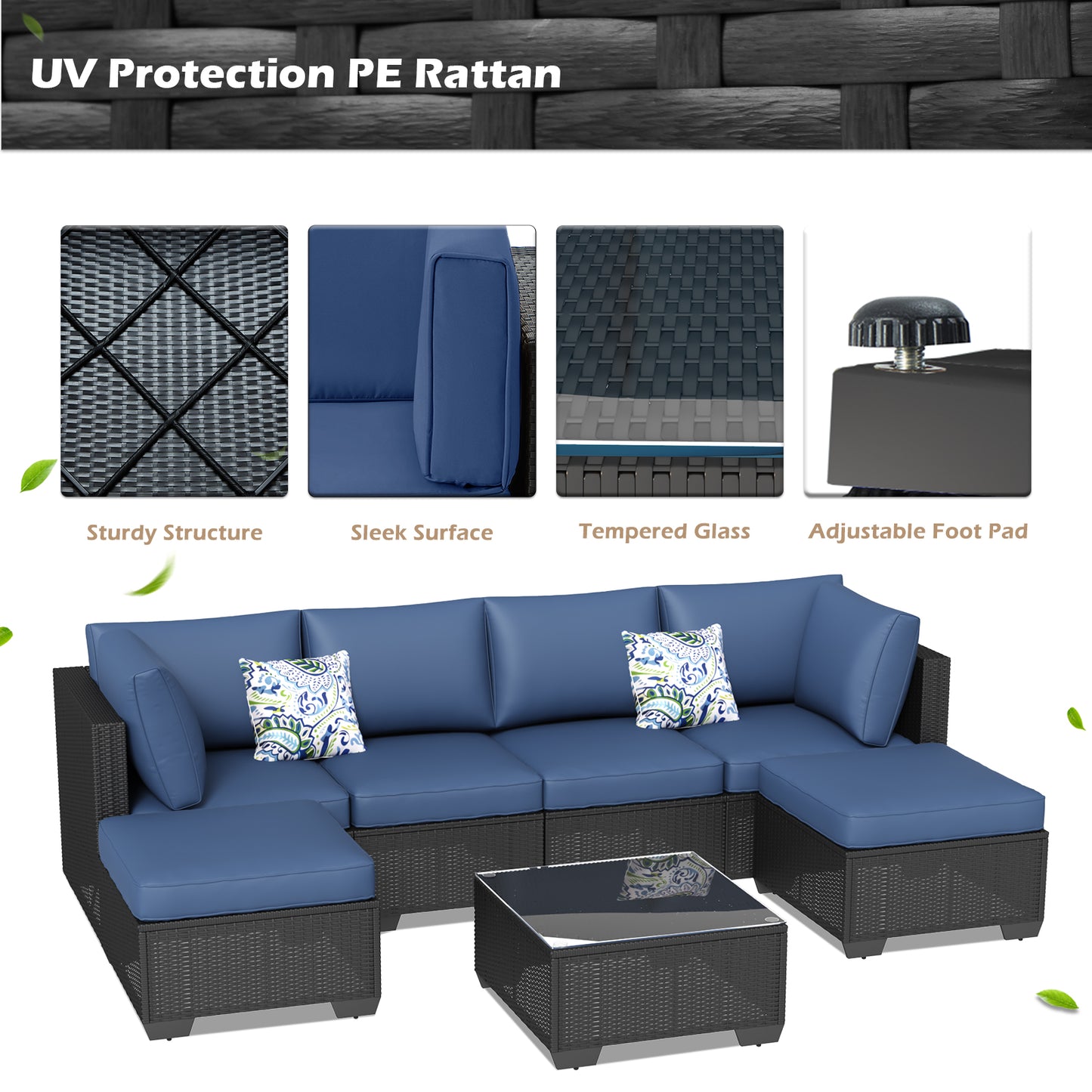 YODOLLA 7 Piece Outdoor Patio Furniture Set, Black & Dark Blue