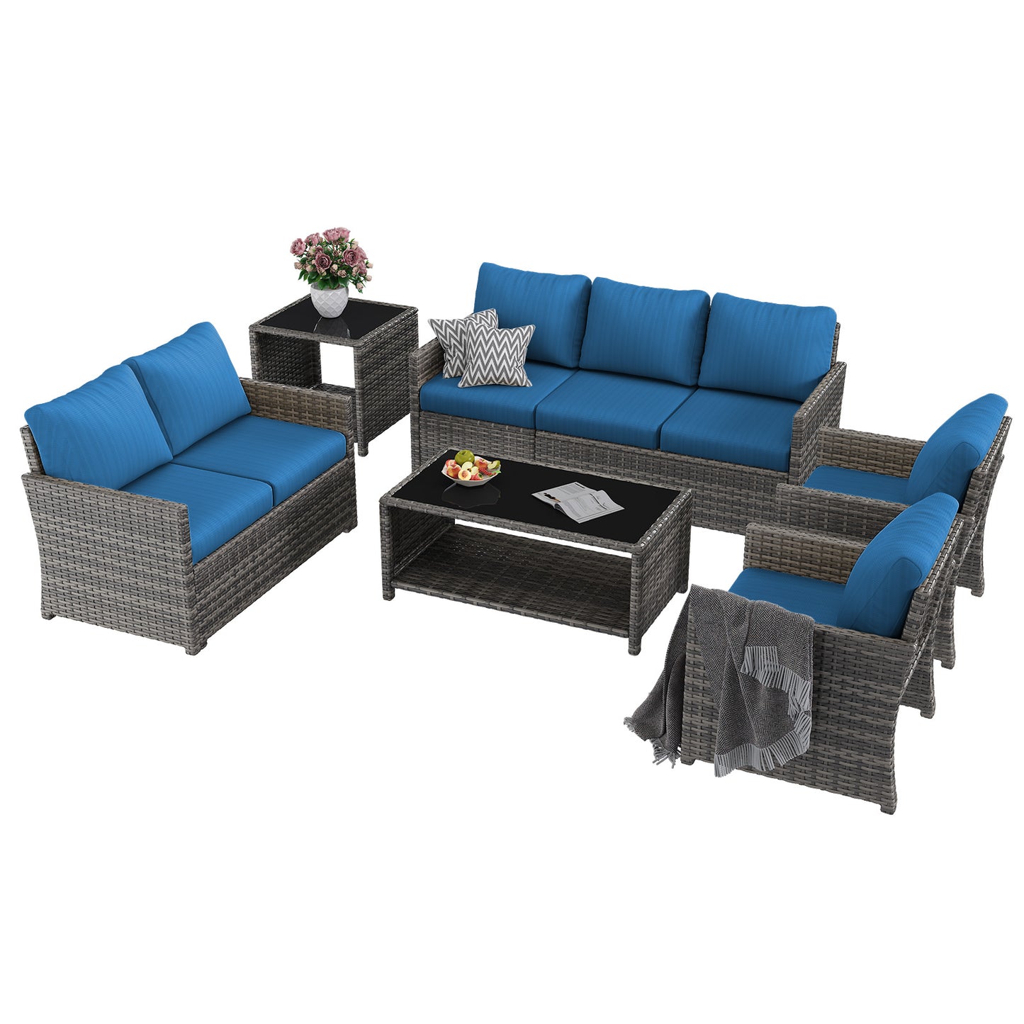 YODOLLA Patio Furniture Set with Two Table 7 PCS Outdoor Furniture, Gray Ranttan Blue Cushion