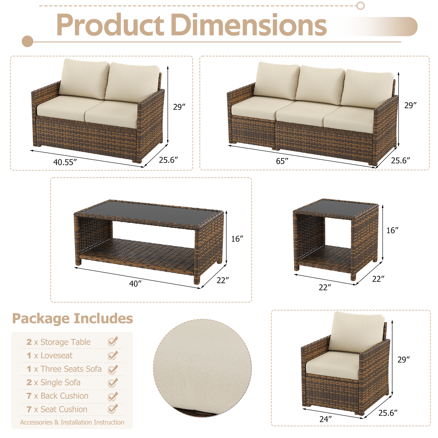 YODOLLA Patio Furniture Set with Two Table 7 PCS Outdoor Furniture, Brown Ranttan Beige Cushion