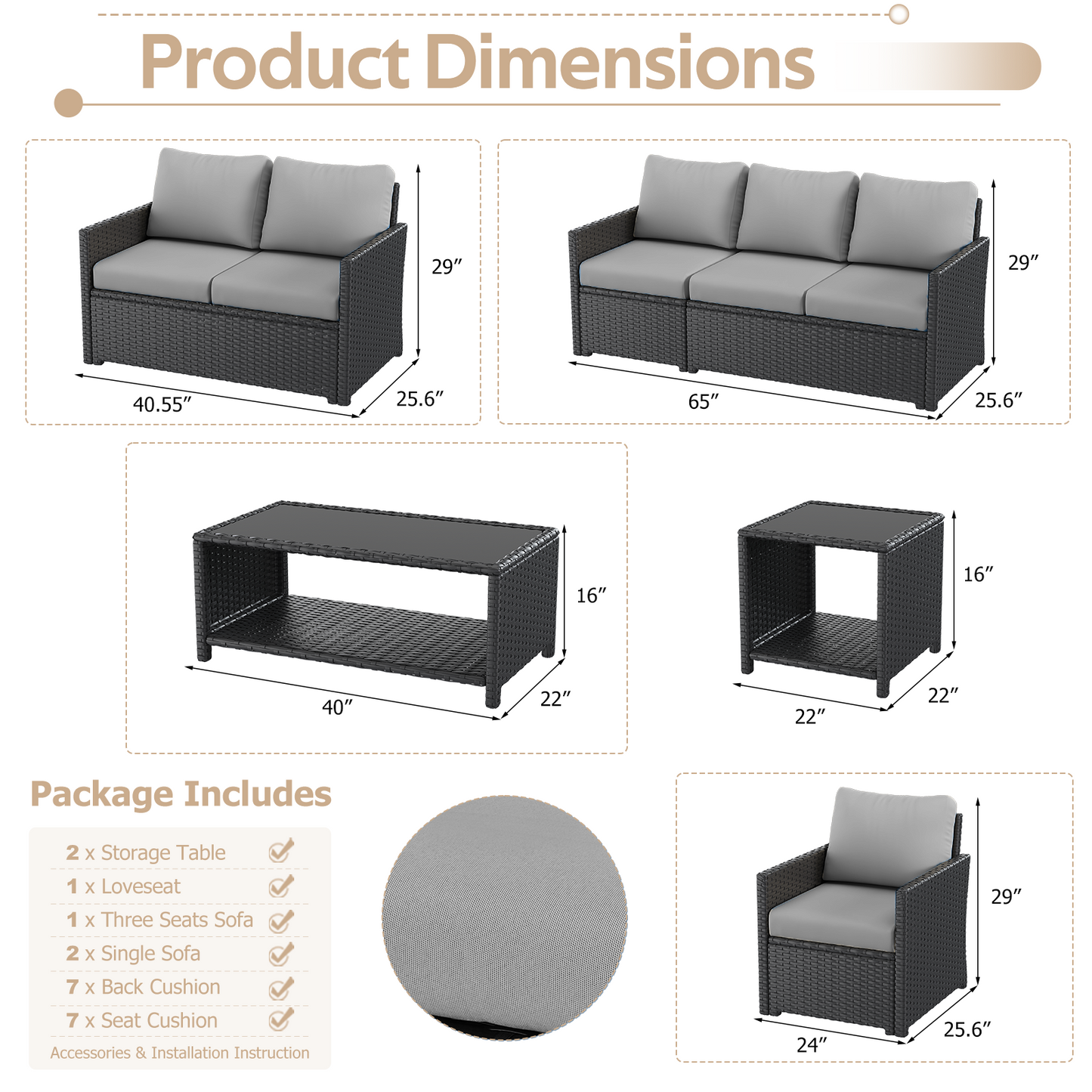 YODOLLA Patio Furniture Set with Two Table 7 PCS Outdoor Furniture, Black Ranttan Gray Cushion