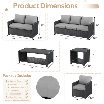 YODOLLA Patio Furniture Set with Two Table 7 PCS Outdoor Furniture, Black Ranttan Gray Cushion