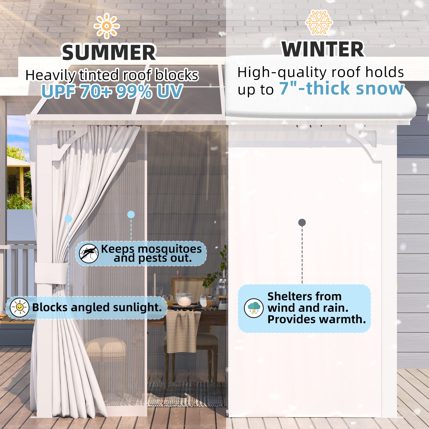 YODOLLA 8'x8' Outdoor Lean to Gazebo Pergola with Curtain and Netting for Patio, White