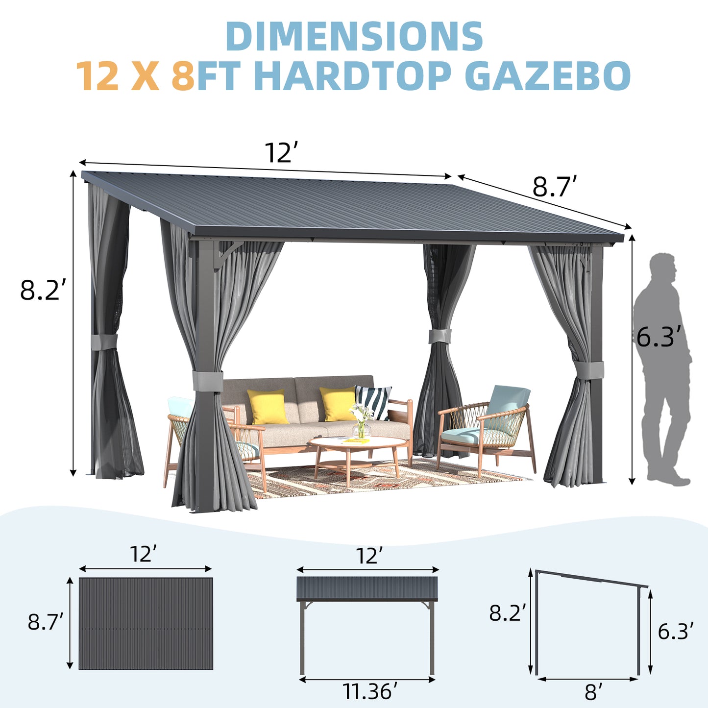 YODOLLA 12'x8' Outdoor Hardtop Gazebo Pergola with Curtains and Netting for Patio