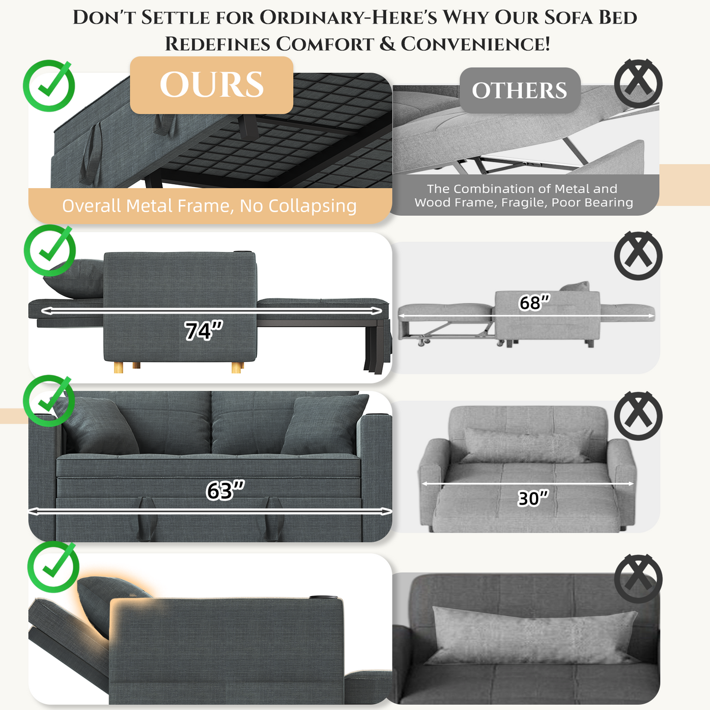 YODOLLA Sleeper Chair Bed, 63" Extra Wide Convertible Sofa Bed for Adults, Dark Grey