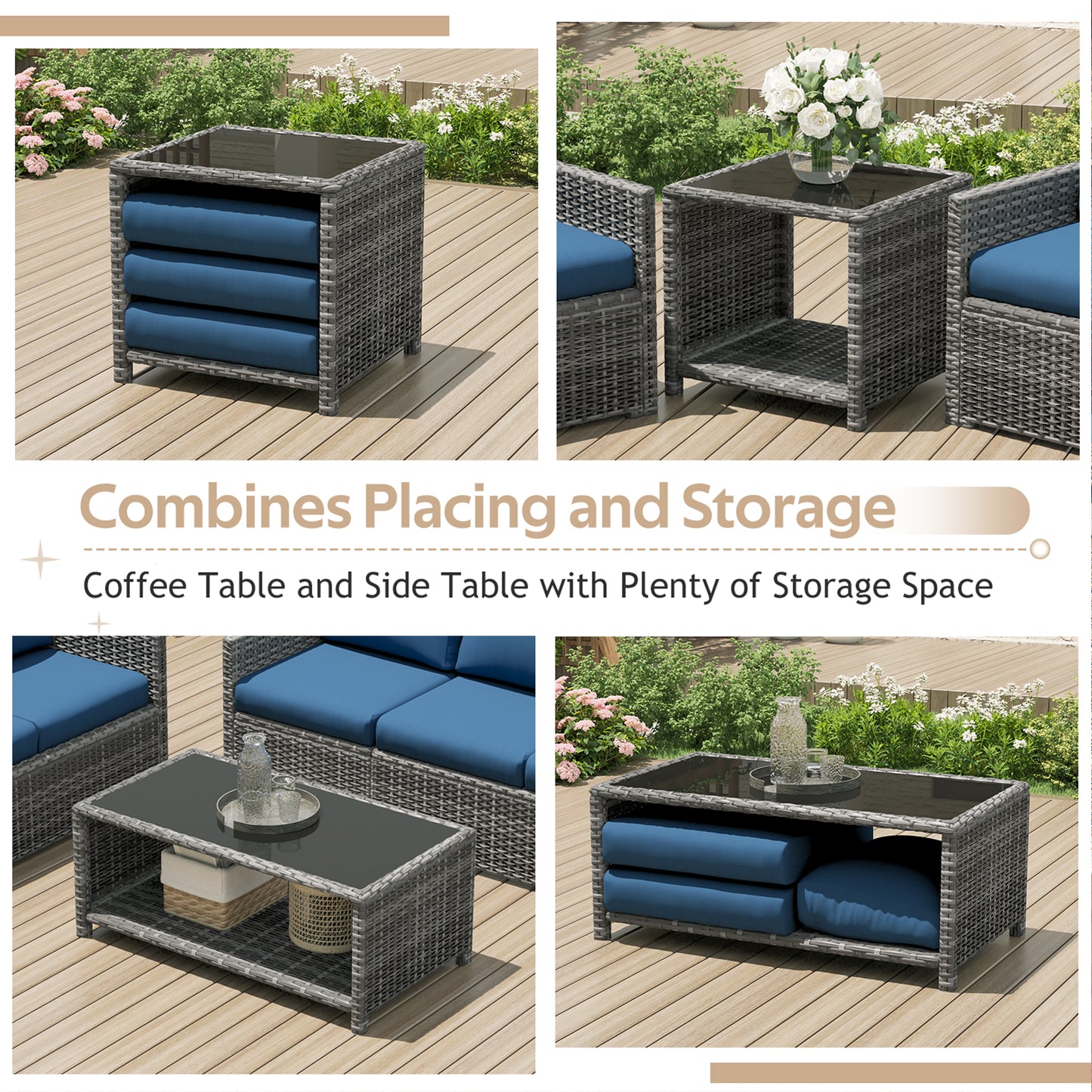 YODOLLA Patio Furniture Set with Two Table 7 PCS Outdoor Furniture, Gray Ranttan Blue Cushion