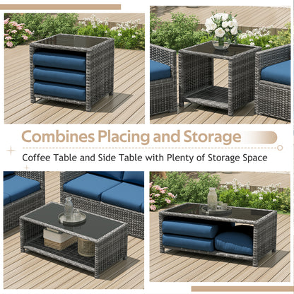 YODOLLA Patio Furniture Set with Two Table 7 PCS Outdoor Furniture, Gray Ranttan Blue Cushion