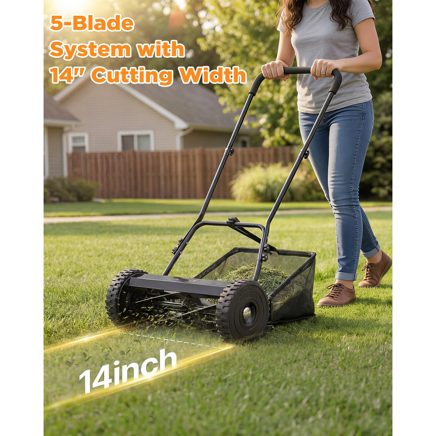 YODOLLA 14-Inch Manual Lawn Mower, 5 Blades Push Reel Lawn Mower