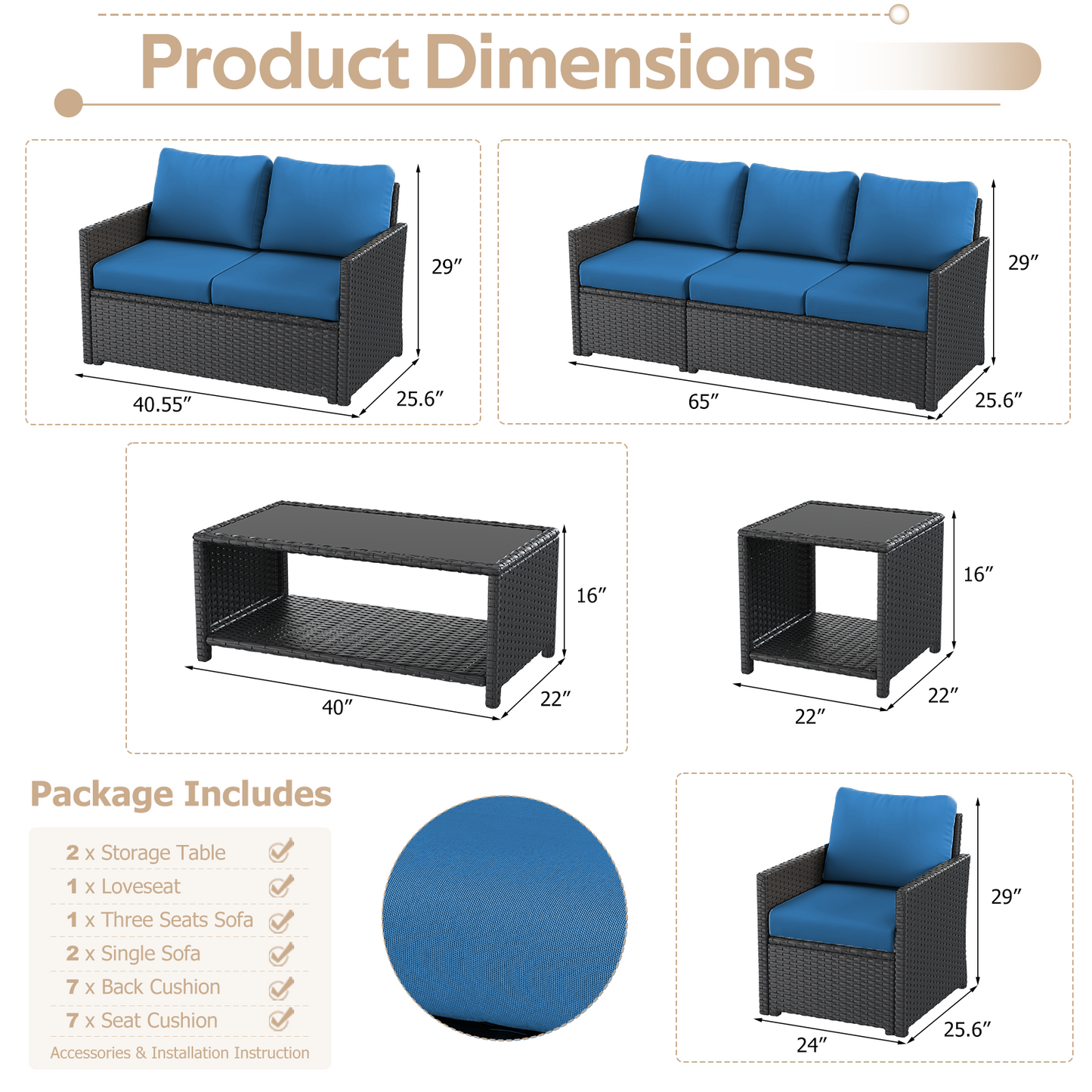 YODOLLA Patio Furniture Set with Two Table 7 PCS Outdoor Furniture, Black Ranttan Blue Cushion