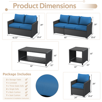 YODOLLA Patio Furniture Set with Two Table 7 PCS Outdoor Furniture, Black Ranttan Blue Cushion