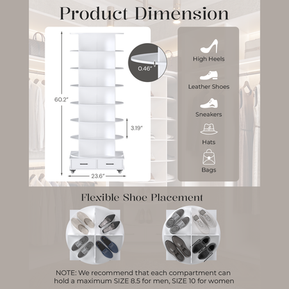 YODOLLA 8 Tier Rotating Shoe Rack Contains 2 Drawers Shoe Tower Organizer