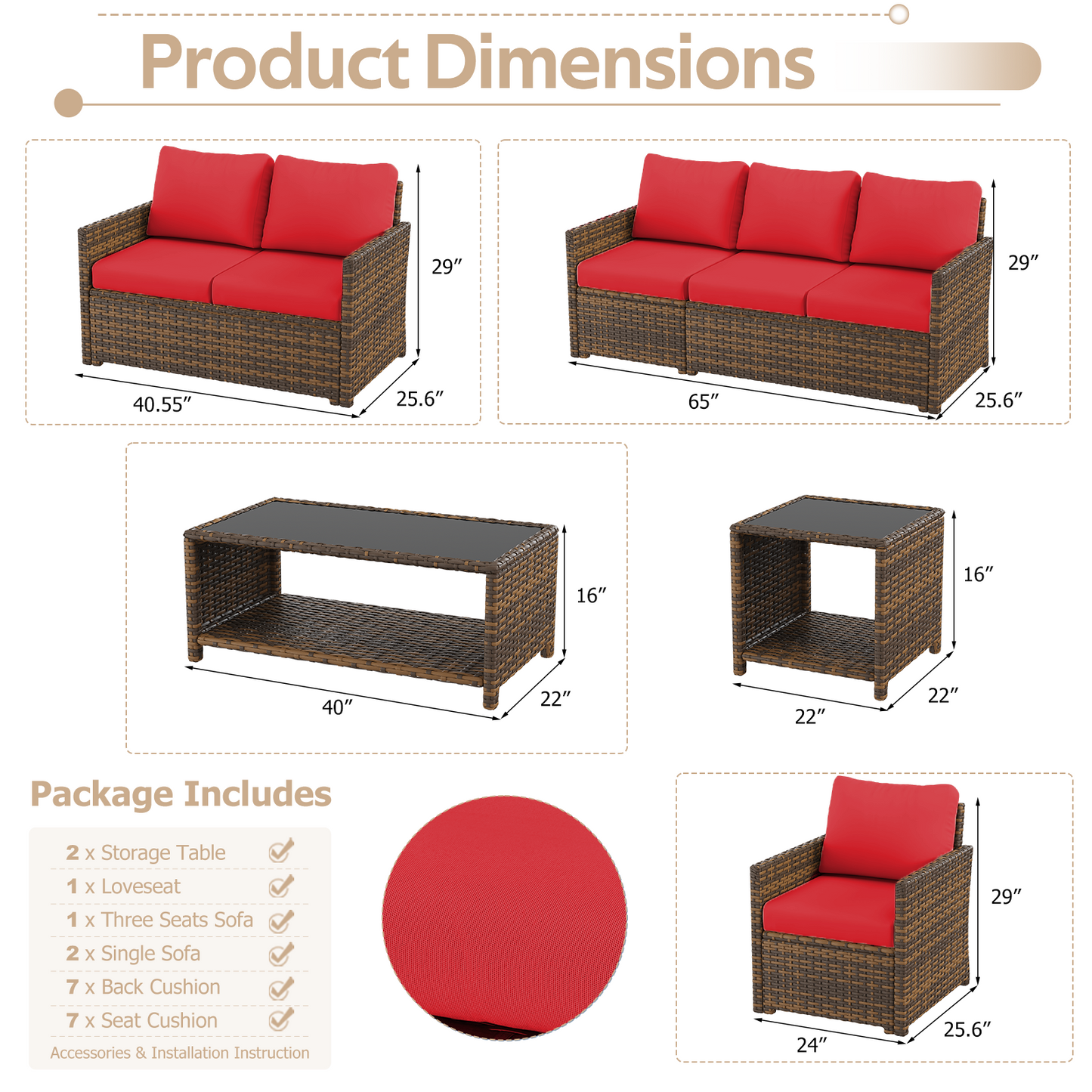 YODOLLA Patio Furniture Set with Two Table 7 PCS Outdoor Furniture, Brown Ranttan Red Cushion