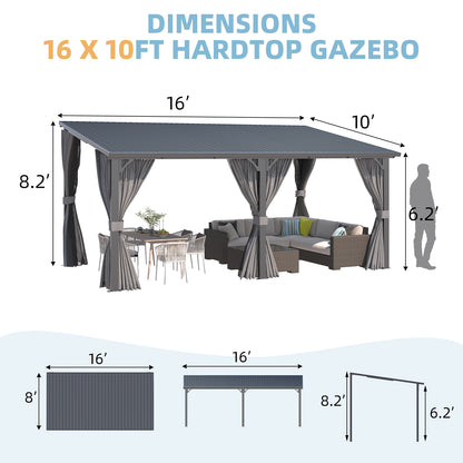 YODOLLA 16'x10' Outdoor Hardtop Gazebo Pergola with Curtains and Netting for Patio