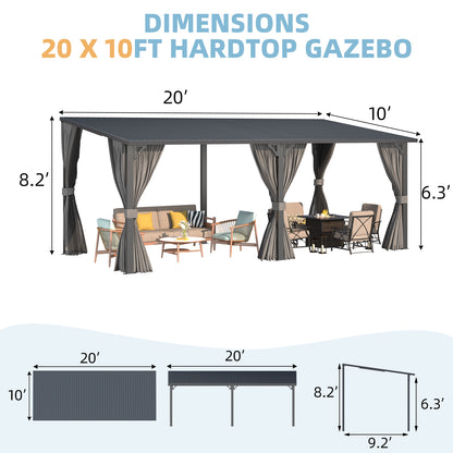 YODOLLA 20'x10' Outdoor Hardtop Metal Gazebo with Curtains and Netting for Patio