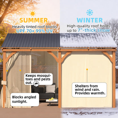 YODOLLA 12x10 Outdoor Wooden Pergola Gazebo with Curtains and Netting for Patio