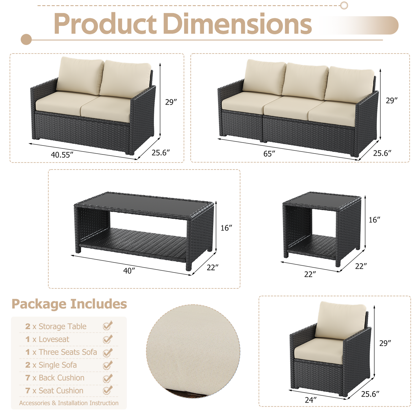 YODOLLA Patio Furniture Set with Two Table 7 PCS Outdoor Furniture, Black Ranttan Beige Cushion