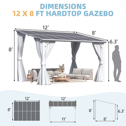 YODOLLA 12'x8' Outdoor Lean to Gazebo Pergola with Curtain and Netting for Patio, White