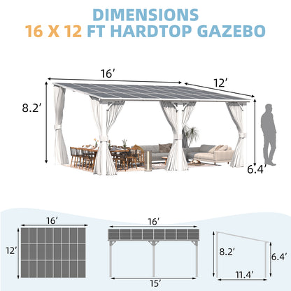 YODOLLA 16'x12' Outdoor Lean to Gazebo Pergola with Curtain and Netting for Patio, White