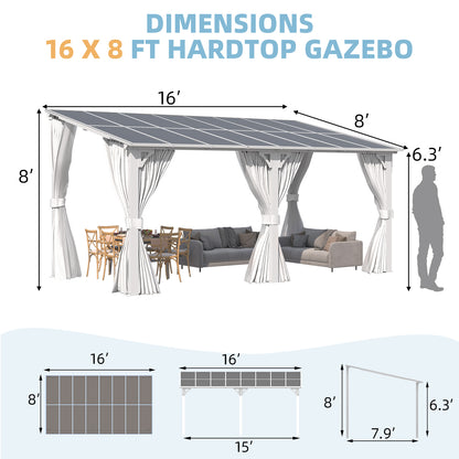 YODOLLA 16'x8' Outdoor Lean to Gazebo Pergola with Curtain and Netting for Patio, White