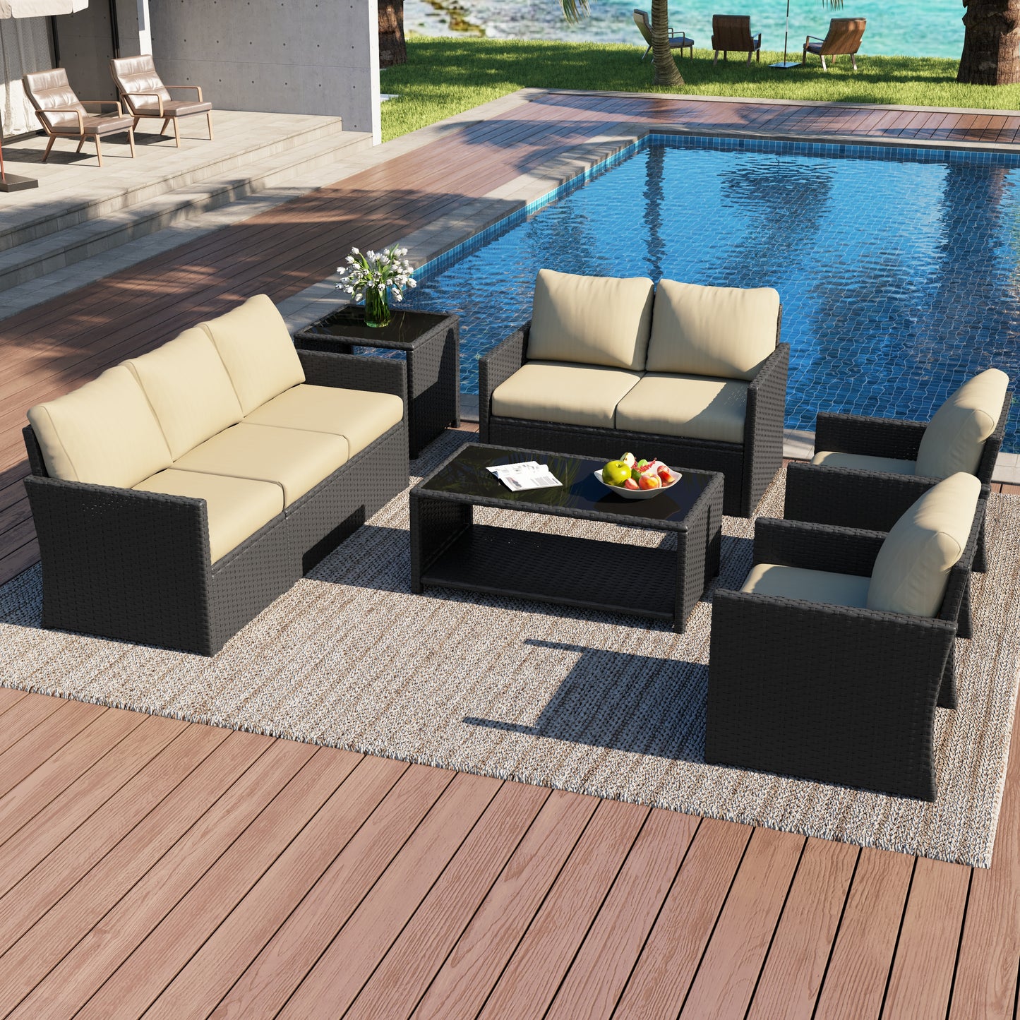YODOLLA Patio Furniture Set with Two Table 7 PCS Outdoor Furniture, Black Ranttan Beige Cushion