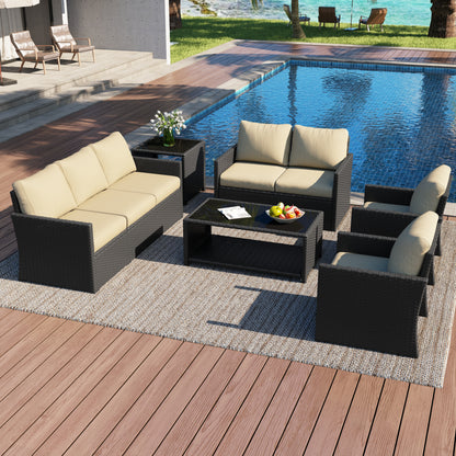 YODOLLA Patio Furniture Set with Two Table 7 PCS Outdoor Furniture, Black Ranttan Beige Cushion