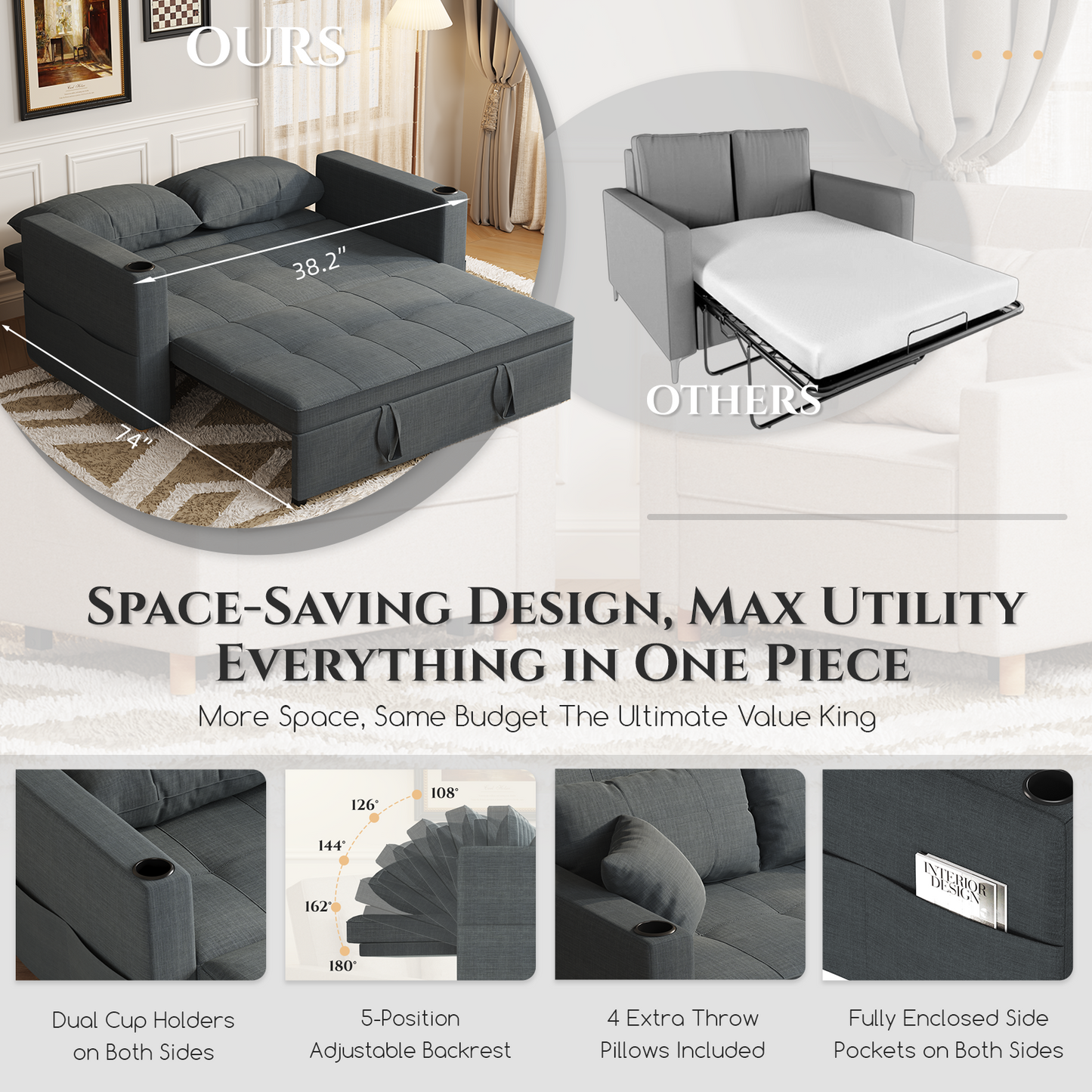 YODOLLA Sleeper Chair Bed, 63" Extra Wide Convertible Sofa Bed for Adults, Dark Grey