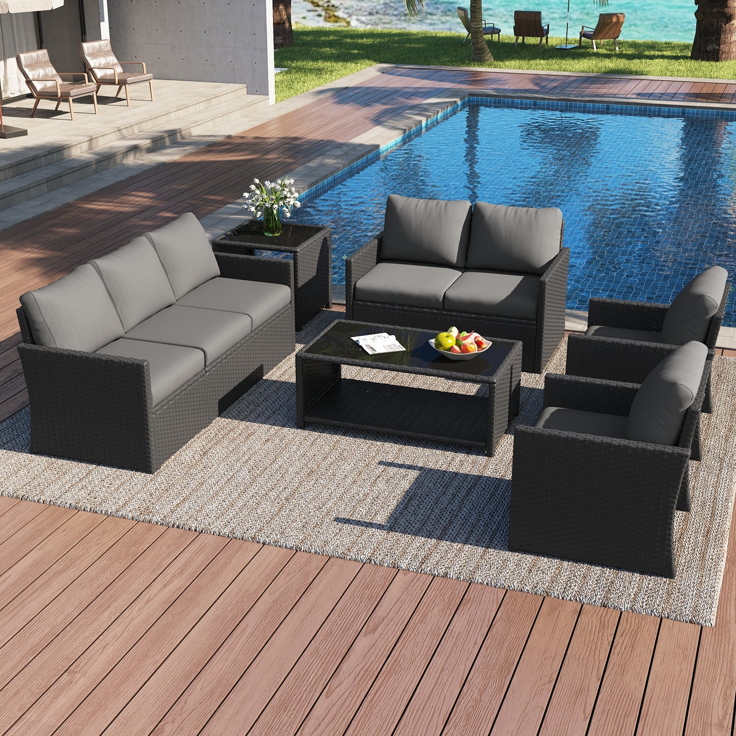 YODOLLA Patio Furniture Set with Two Table 7 PCS Outdoor Furniture, Black Ranttan Gray Cushion